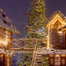 Cabins with Christmas lights