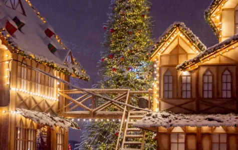 Cabins with Christmas lights