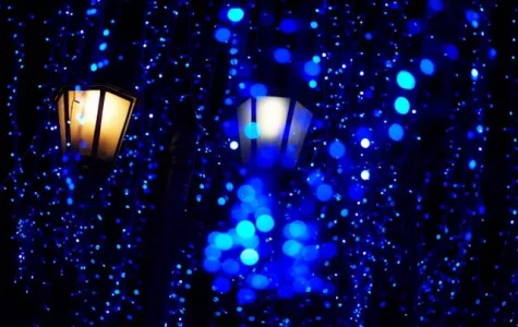 Street lanterns and blue Christmas lights